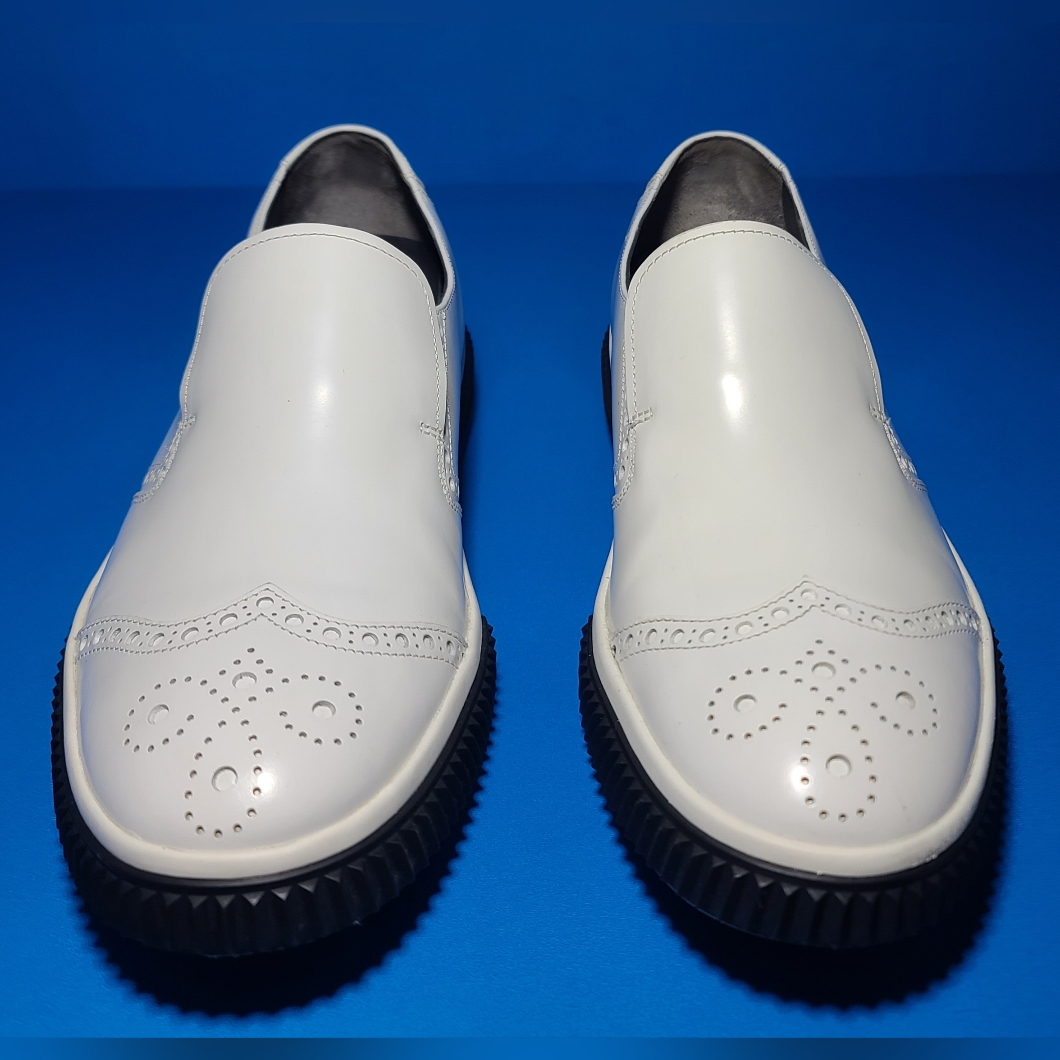 Prada Stratus Mens White Leather Wingtip Slip On Sneakers Shoes.
